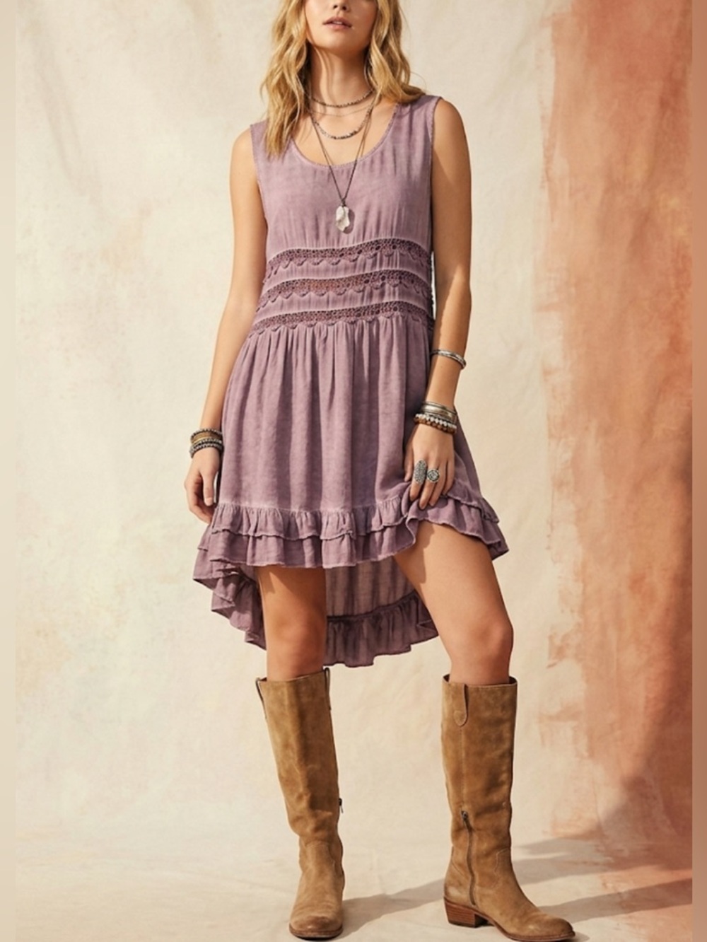 ENTRO Dress L Purple Faded Acid Wash Mini Sleeveless Crochet Detail Boho
